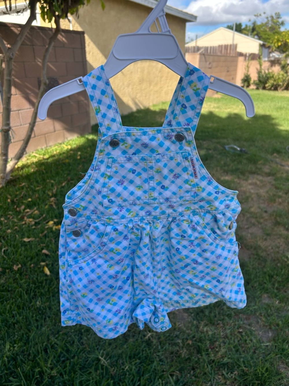 Toddler Blue Plaid Overall Shorts with Pineapple Print